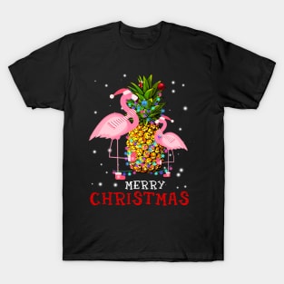 Flamingo Christmas Tree Pineapple Xmas Light Merry Christmas T-Shirt